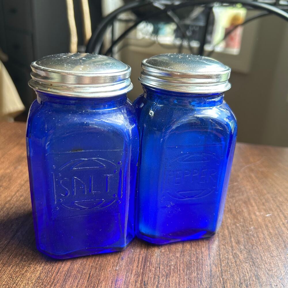 Vintage Glass, Cobalt Blue, Embossed Salt & Pepper Shakers, 4.5" Tall